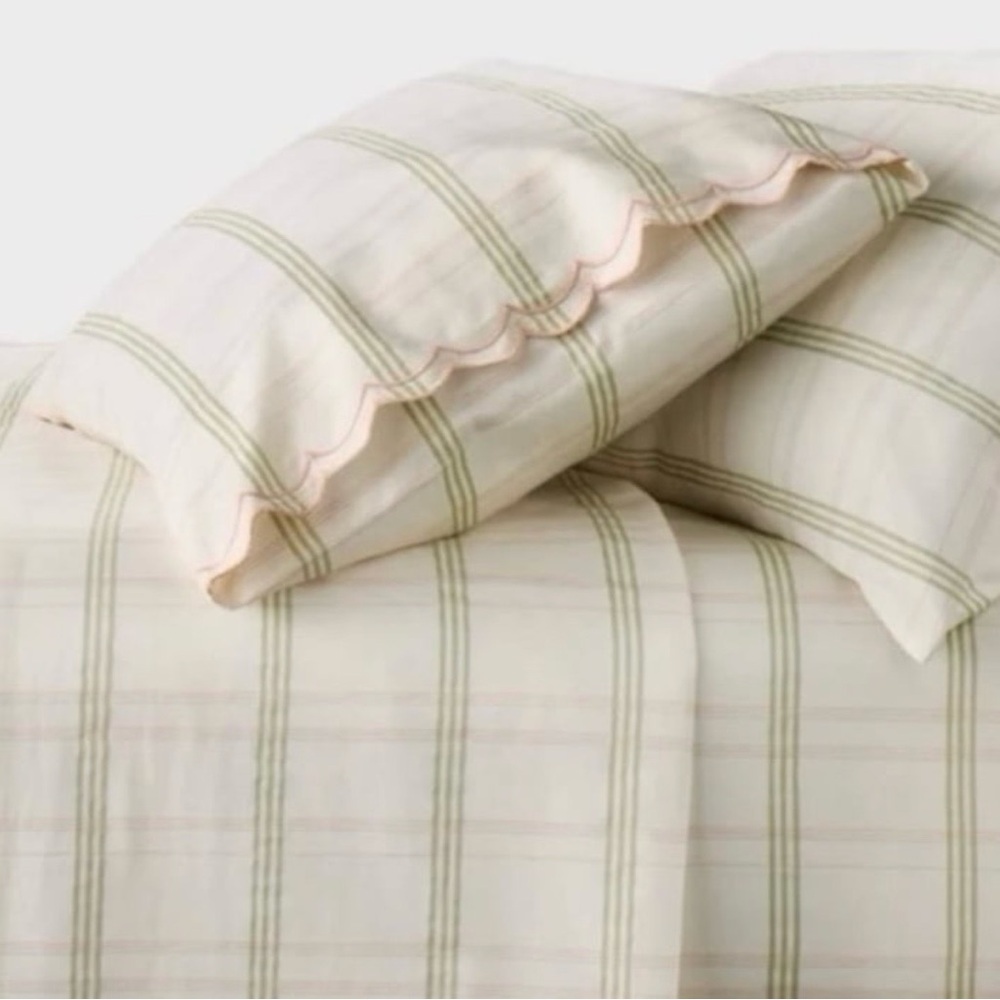 FULL SIZE Bed Scalloped Edge Plaid 4pc Sheet Set Cream/Green Studio McGee NEW